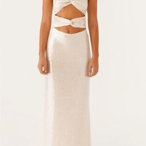 Elegant Cream Sequin Cut-Out Dress